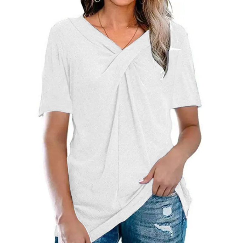European and American women's 2021 short-sleeved V-neck solid color cross-knot women's loose casual T-shirt
European and American women's 2021 short-sleeved V-neck solid color cross-knot women's loose casual T-shirt
