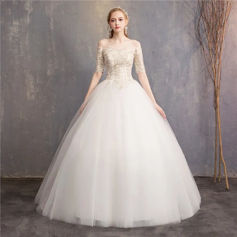 

Princess Colorful Wedding Dress 2021 New Champagne Lace Half Sleeve Ball Gown Off The Shoulder Cheap Vestido De Noiva F