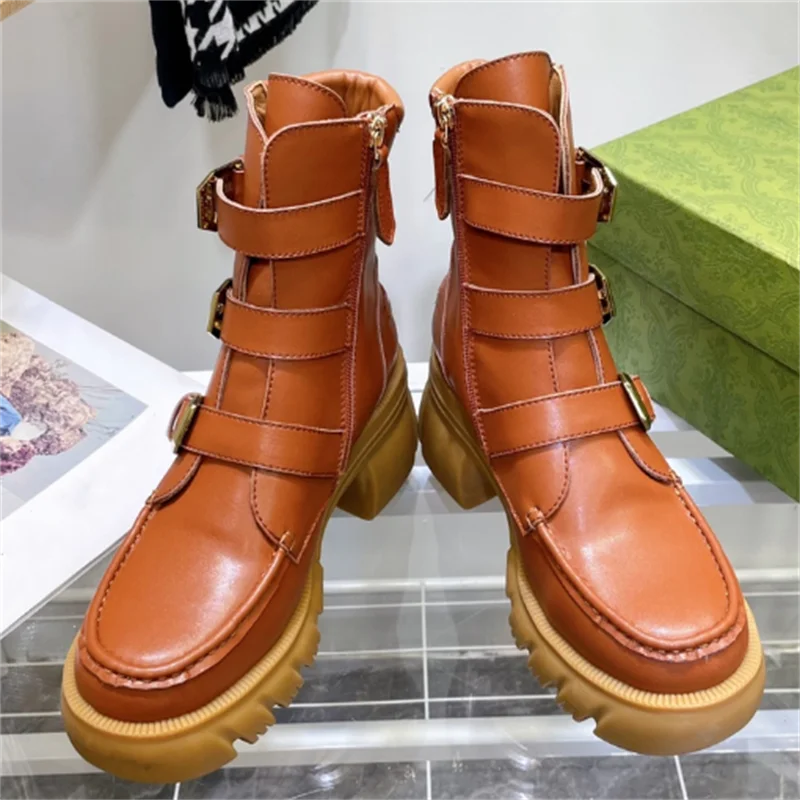 

Motorcycle Boots Ankle Female Shoes Thick Sole Botas De Mujer Round Toe Leather Boots High Quality Buckle Fashion Bottine Femme