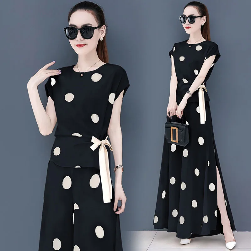 

Women's Summer Suit Clothing Chiffon Wide Leg Pants Skirt Polka Dot Sweetshirts Sport 2021 New Top Female Foreign Two Piece Sets