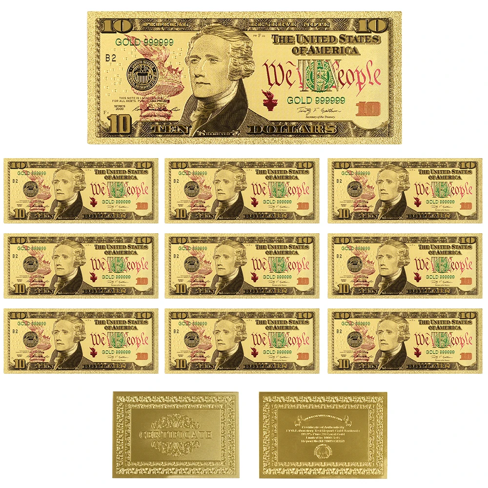 

10 шт./компл., американская 24k Золотая банкнота 10 USD, бумажные банкноты, коллекции, художественный подарок, бесплатная доставка