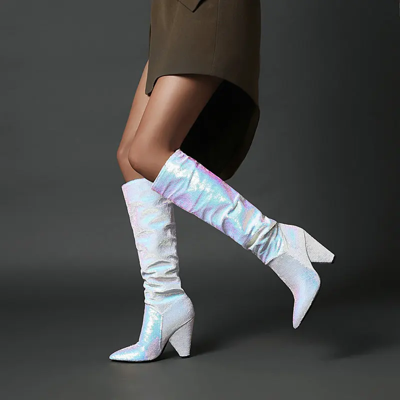 Sequined Leather Strange Heels Knee High Boots Women Pointed Toe Western Long Boots Autumn Winter Black Blue Gold Silver Boots 
Sequined Leather Strange Heels Knee High Boots Women Pointed Toe Western Long Boots Autumn Winter Black Blue Gold Silver Boots