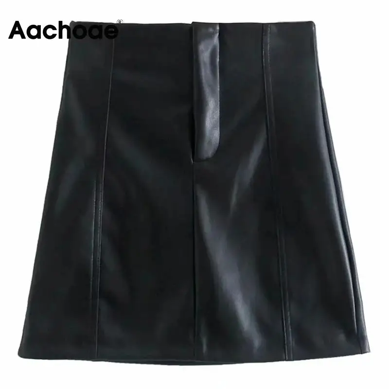 

Aachoae Solid Pu Leather Skirt Summer Zipper Fly Elegant A Line Skirt Lady Office Wear Mini Skirt Women Mujer Faldas 2021