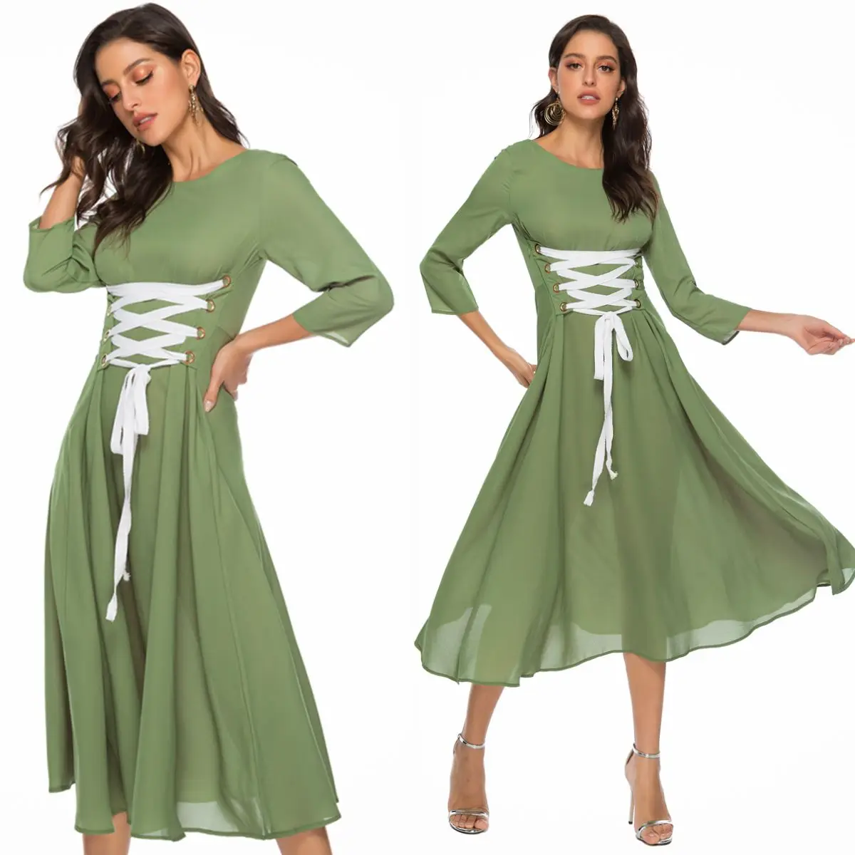 Dress women Ladies Full dress womens Pure color Casual fashion Solid Dresses Middle sleeve Bandage beash Party green tie new 
Dress women Ladies Full dress womens Pure color Casual fashion Solid Dresses Middle sleeve Bandage beash Party green tie new