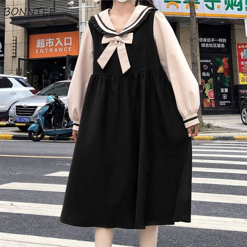 Dress Women Sailor Collar Sweet Girls Female Chic Ulzzang Students Kawaii Japanese Style Patchwork Puff Sleeve All-match Newest
Dress Women Sailor Collar Sweet Girls Female Chic Ulzzang Students Kawaii Japanese Style Patchwork Puff Sleeve All-match Newest