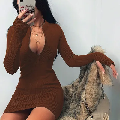 Women Fall Bodycon Ribbed Dress Stand Collar Zipper Deep V Solid Dresses Stretch Pencil Nightclub Party Mini Vestidos
Women Fall Bodycon Ribbed Dress Stand Collar Zipper Deep V Solid Dresses Stretch Pencil Nightclub Party Mini Vestidos