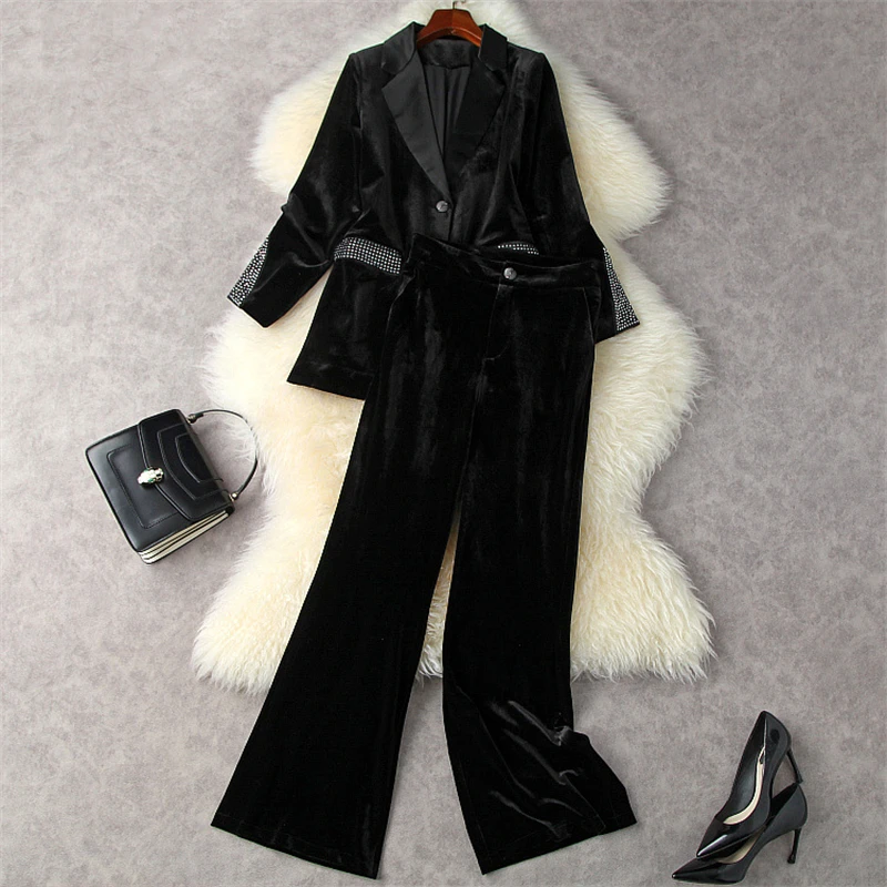 2021 Autumn Winter Women Pants Sets Blazer Suit Luxury Diamonds Beading Jacket and Black Trousers Office Velvet 2 Piece Outfits
2021 Autumn Winter Women Pants Sets Blazer Suit Luxury Diamonds Beading Jacket and Black Trousers Office Velvet 2 Piece Outfits