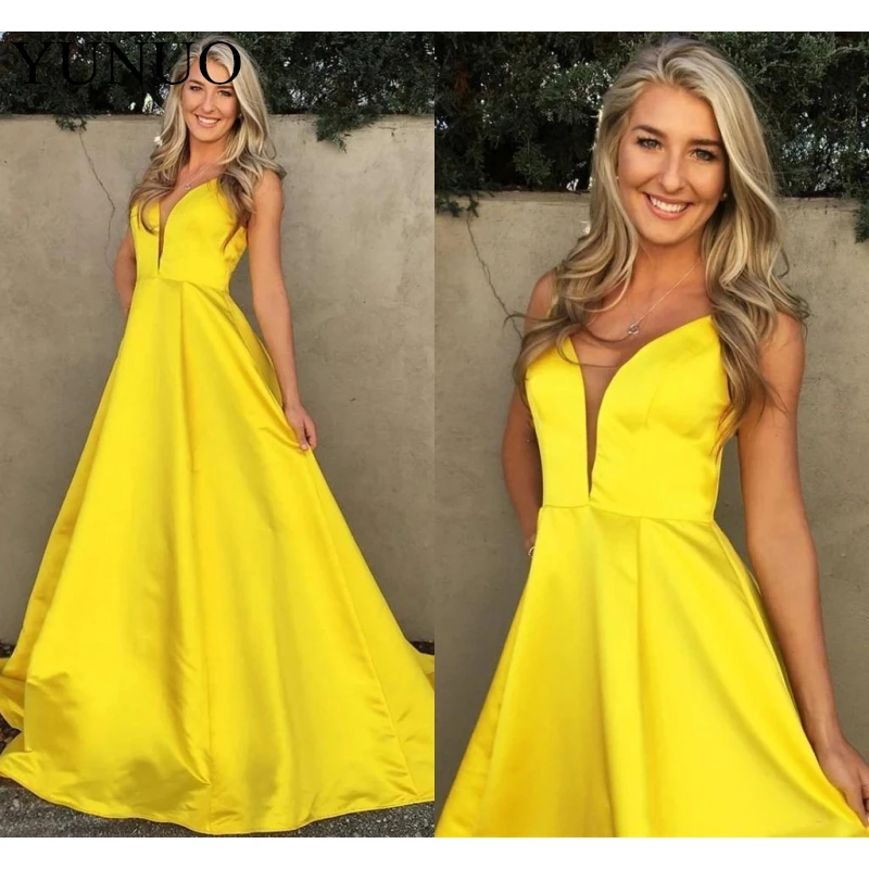 YuNuo скромные Желтые Вечерние платья 2019 v-образный вырез без рукавов