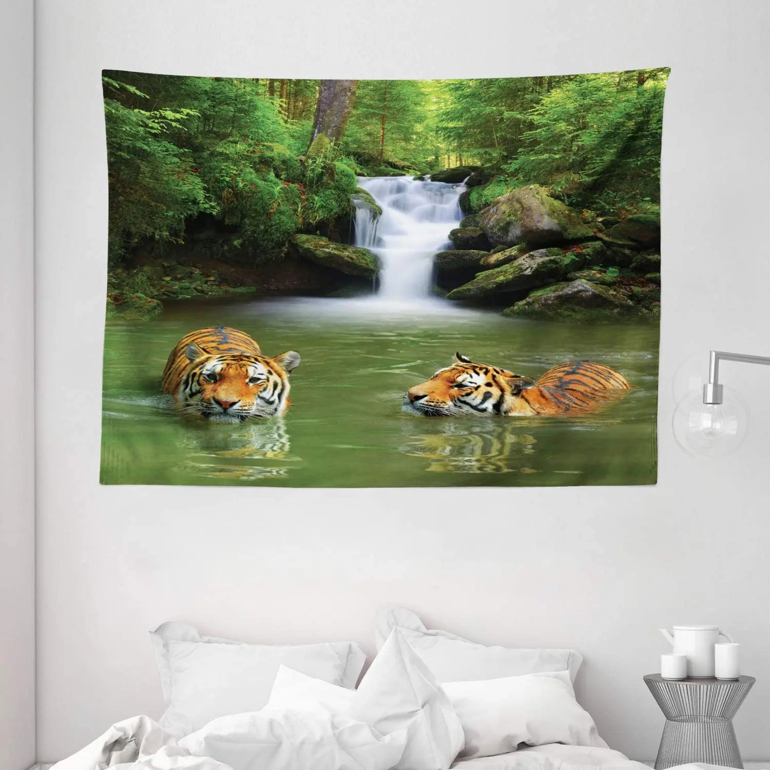 

Safari Tapestry Siberian Tigers In Water Waterfall Pool Woodland Swimming Natural Wall Hanging For Bedroom Living Room Dorm