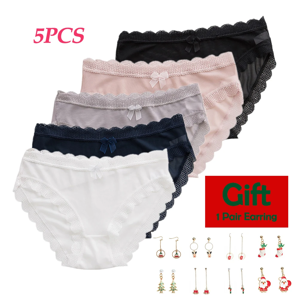 5PC Women Solid Color Lace Gauze Bowknot Trim Briefs Breathable Mid Rise Seamless Panties With Gift
5PC Women Solid Color Lace Gauze Bowknot Trim Briefs Breathable Mid Rise Seamless Panties With Gift