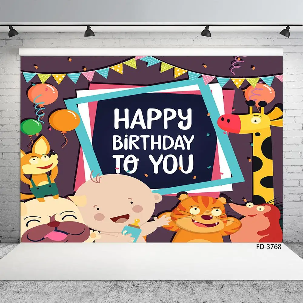 Мультфильм животных День рождения баннер Декор Baby Shower детей плакат Виниловый фон