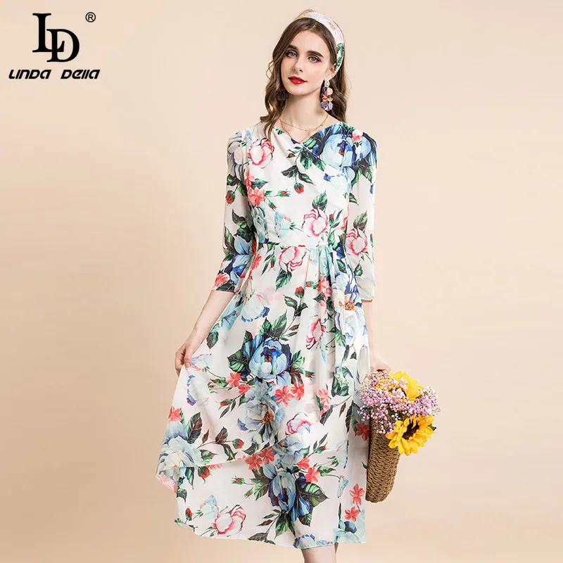 LD LINDA DELLA Runway 2021 Women's Summer New Floral Party Dress Vacation Vintage 3/4 sleeve Ruffles Printed Fashion Midi Dress 
LD LINDA DELLA Runway 2021 Women's Summer New Floral Party Dress Vacation Vintage 3/4 sleeve Ruffles Printed Fashion Midi Dress