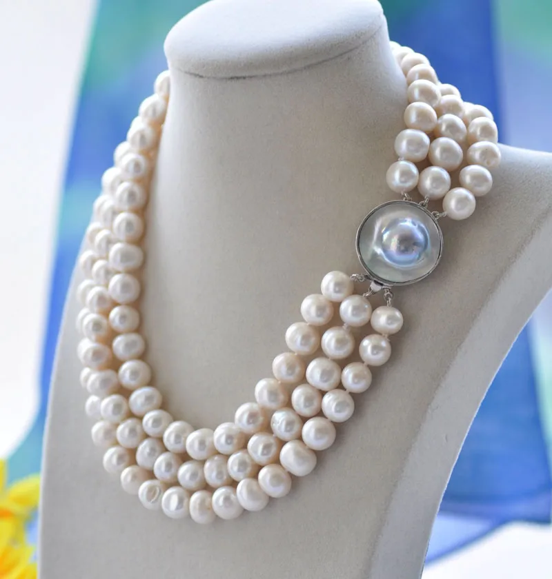 

P7097 3Row 18" 11mm White Round Freshwater Pearl Choker Necklace Mabe
