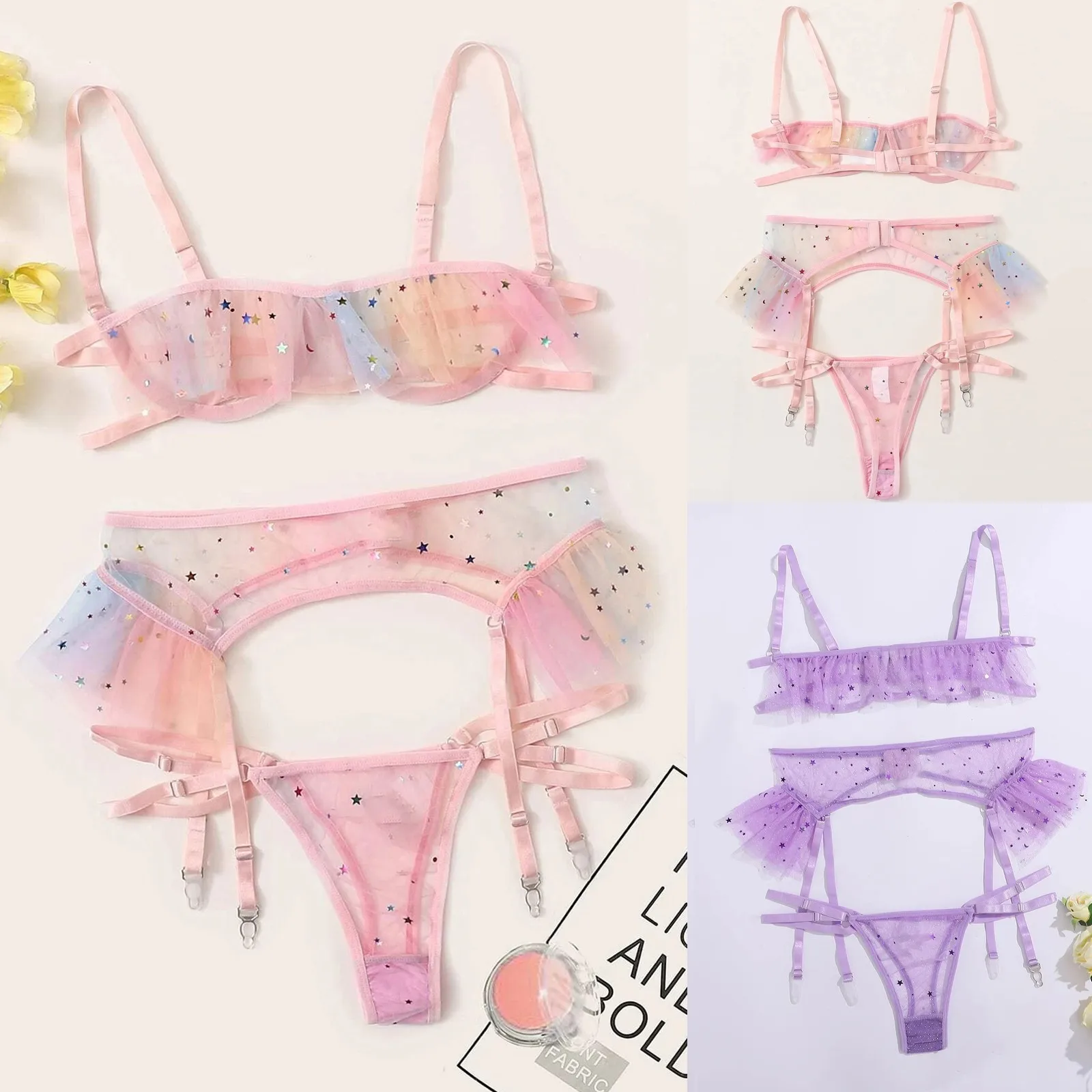 Colorful Printed Star Moon Embroidery Lingerie Set Women Camisole Bra+Thong+Garter Belt Set Pajamas Seductive Soft Homesuit
Colorful Printed Star Moon Embroidery Lingerie Set Women Camisole Bra+Thong+Garter Belt Set Pajamas Seductive Soft Homesuit