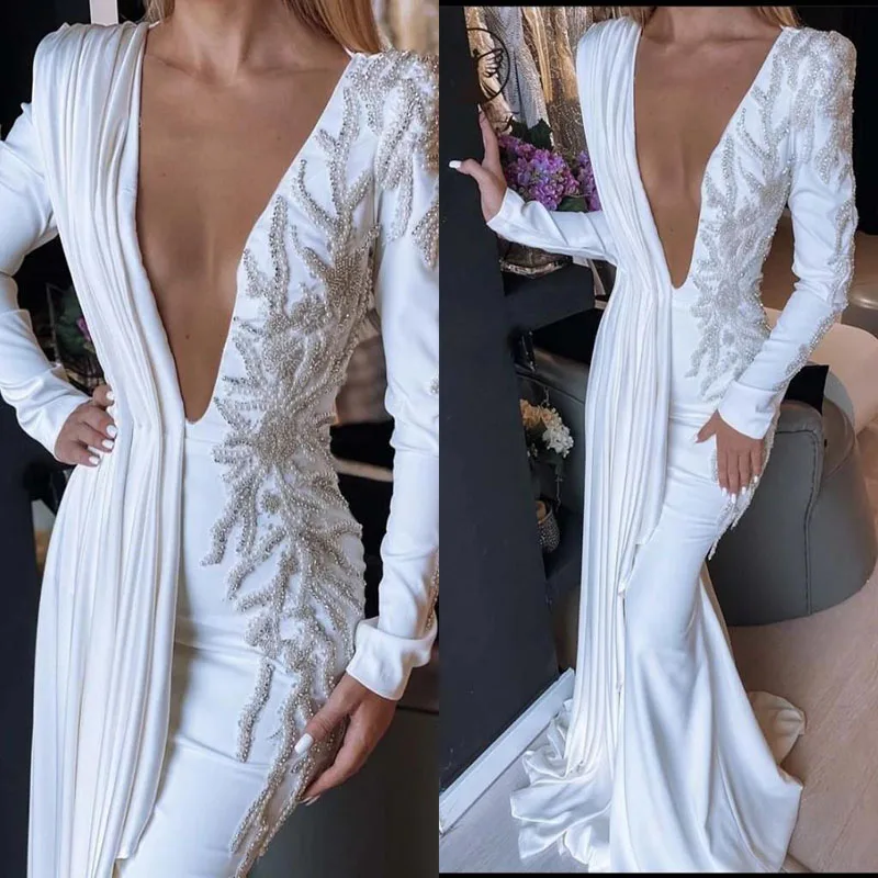 Pearls Heavy Beading Robes De Mariée 2021 Sexy Plunging V Neck Long Sleeves Bridal Dresses Pleats Satin Long Mermaid Wedding Gow
Pearls Heavy Beading Robes De Mariée 2021 Sexy Plunging V Neck Long Sleeves Bridal Dresses Pleats Satin Long Mermaid Wedding Gow
