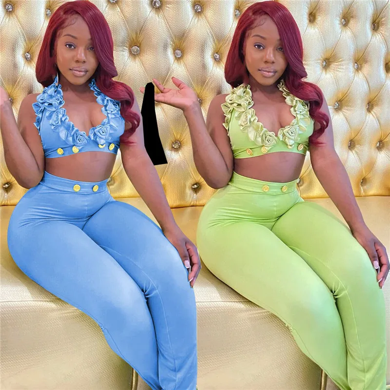 WUHE Button 3D Flowers Embroidery Sexy Two Piece Set Spring Party Women Lace Up Halter Bra Crop Top Split Flare Pants Suits
WUHE Button 3D Flowers Embroidery Sexy Two Piece Set Spring Party Women Lace Up Halter Bra Crop Top Split Flare Pants Suits