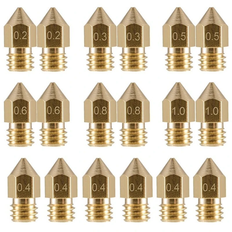 18 Pcs 3D Printer Nozzles M6 Extruder Brass Nozzle Print Head (2x0.2mm+2x0.m+6x0.4mm+2x0.5mm+2x0.6mm+2x0.8mm+2x1.0mm) for MK8
18 Pcs 3D Printer Nozzles M6 Extruder Brass Nozzle Print Head (2x0.2mm+2x0.m+6x0.4mm+2x0.5mm+2x0.6mm+2x0.8mm+2x1.0mm) for MK8