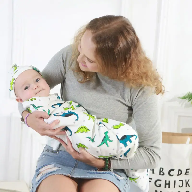 2Pcs/Set Infant Swaddle Blankets Newborn Baby Receiving Wraps Beanie Sleepsacks A2UB