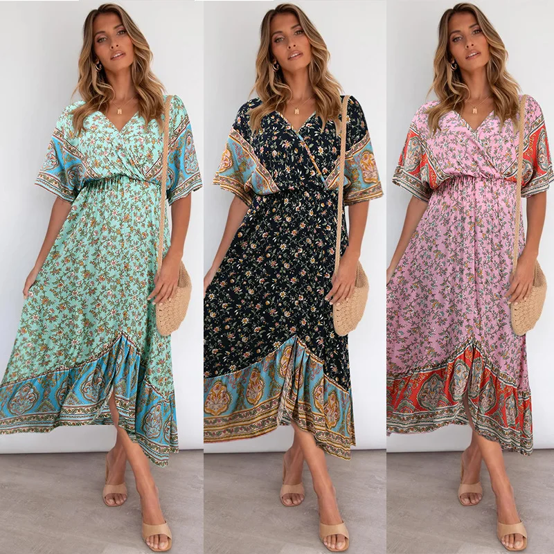 Женское асимметричное длинное платье с коротким рукавом и V-образным вырезом
Женское асимметричное длинное платье с коротким рукавом и V-образным вырезом