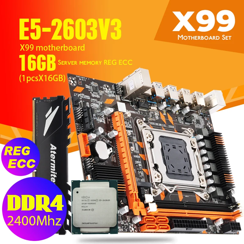 Комплект материнской платы X99 DDR4 2 DIMM D4 с Xeon E5 2603 V3 Стандартный ЦПУ 1*16 ГБ = 16 Гб PC4 ОЗУ