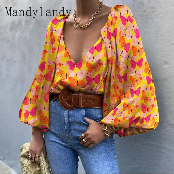 Mandylandy Blouse Spring Summer Vintage Lantern Sleeve Pullover Shirt Top Women's Casual Butterfly Print Loose V-neck Shirt 
Mandylandy Blouse Spring Summer Vintage Lantern Sleeve Pullover Shirt Top Women's Casual Butterfly Print Loose V-neck Shirt
