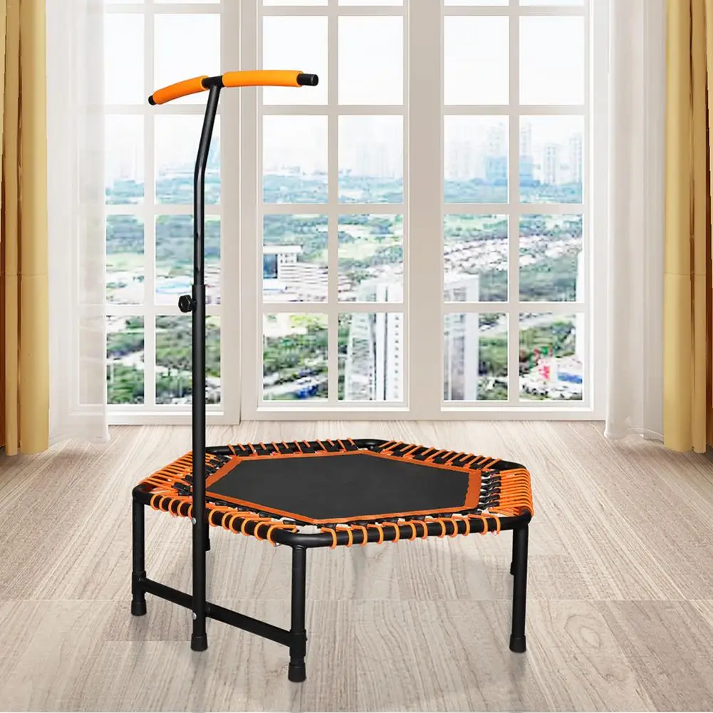 

42*50 Inch Hexagon Trampoline With Adjustable Handle Bar For Kid Fitness Trampoline Bungee Rebounder Jumping Cardio Trainer