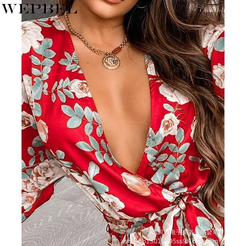 

WEPBEL Playsuits Summer V-neck High Waist Batwing Sleeve Straight Playsuits Women's Sexy Floral Print Loose Lace-up Playsuits