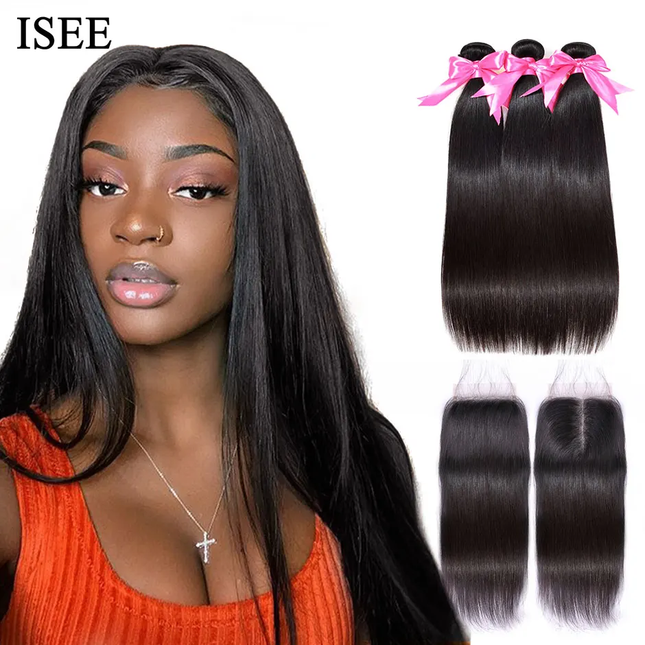 Straight Hair Bundles With Closure ISEE HAIR Remy Human Frontal Brazilian Weave Closure|bundles with closure|bundles closure straightbundles straight