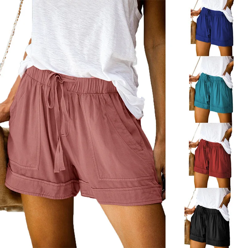 

2021 Summer New Women's Fashion Solid Color Shorts Casual Splicing Loose Elastic Band Pocket Large Size Refreshing Shorts