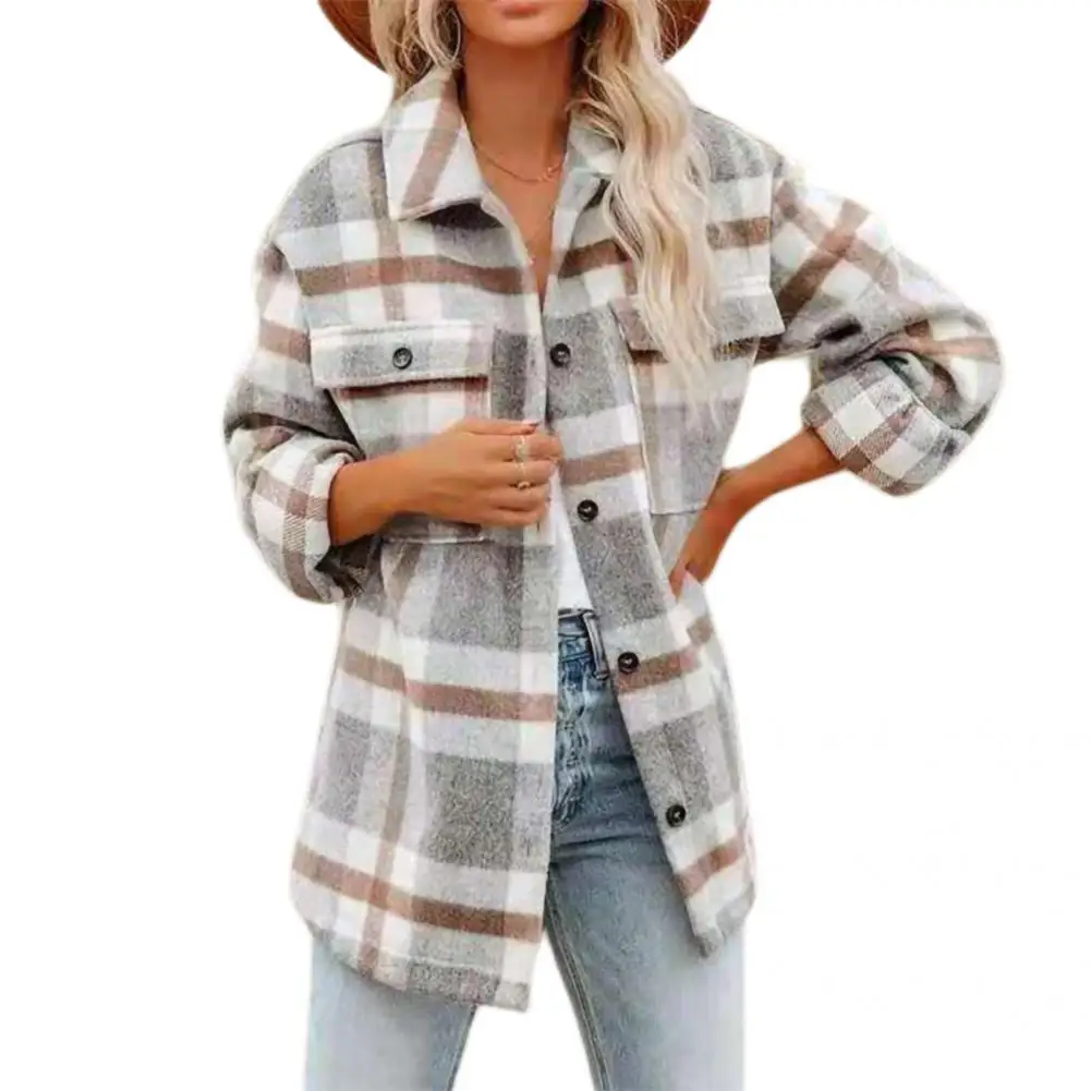 Shirt Jacket Stylish Plaid Print Flap Pockets Casual Overcoat Windproof Women Coat
Shirt Jacket Stylish Plaid Print Flap Pockets Casual Overcoat Windproof Women Coat