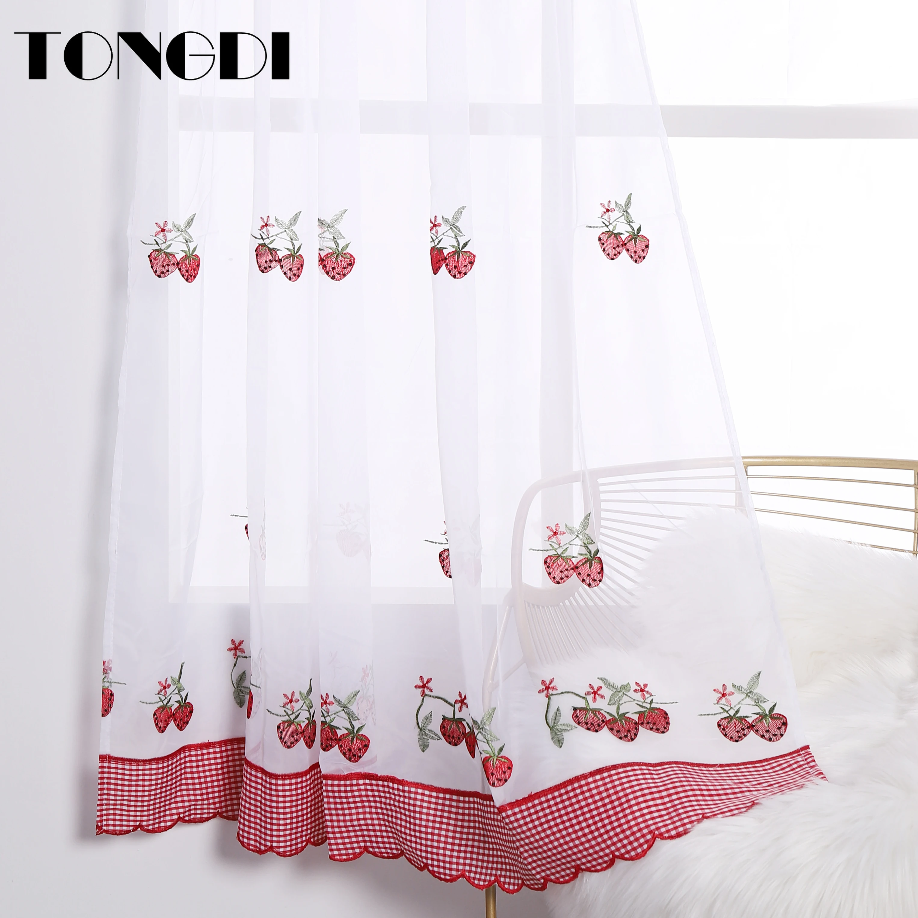 

TONGDI Kitchen Curtain Valance Sheer Tiers Pastoral Fruit Cafe Embroidery Tulle Decoration For Home Window Kitchen Dining Room