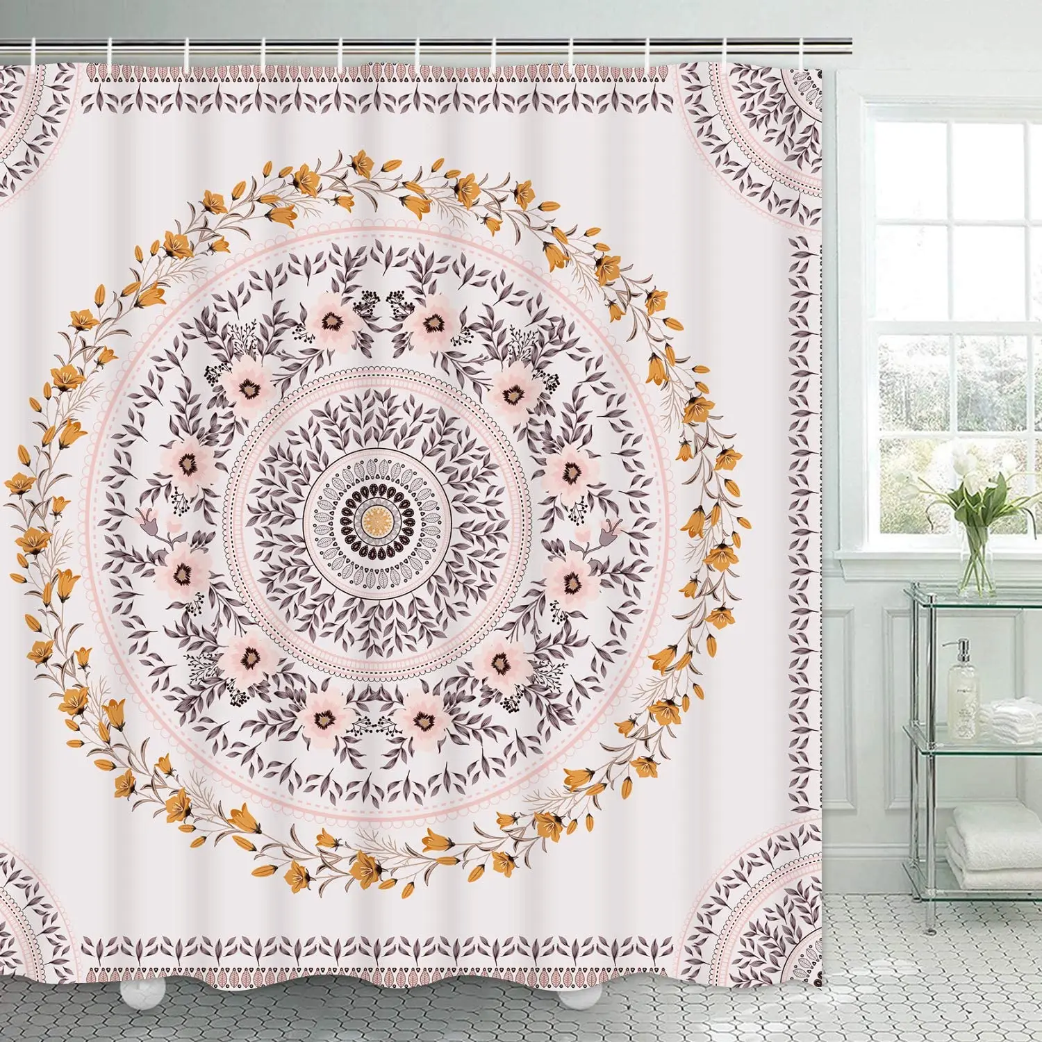 

Waterproof Hippie Bohemian Bathroom Shower Curtain Mandala Floral Medallion Flower with Pink Brown Aesthetic Wreath Bath Decor