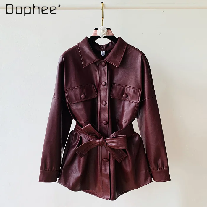 Mid-Length Wine Red Leather Coat for Women 2021 Autumn New Korean Style Fashion Lace-up Leather Jacket Baggy Coat All-match
Mid-Length Wine Red Leather Coat for Women 2021 Autumn New Korean Style Fashion Lace-up Leather Jacket Baggy Coat All-match
