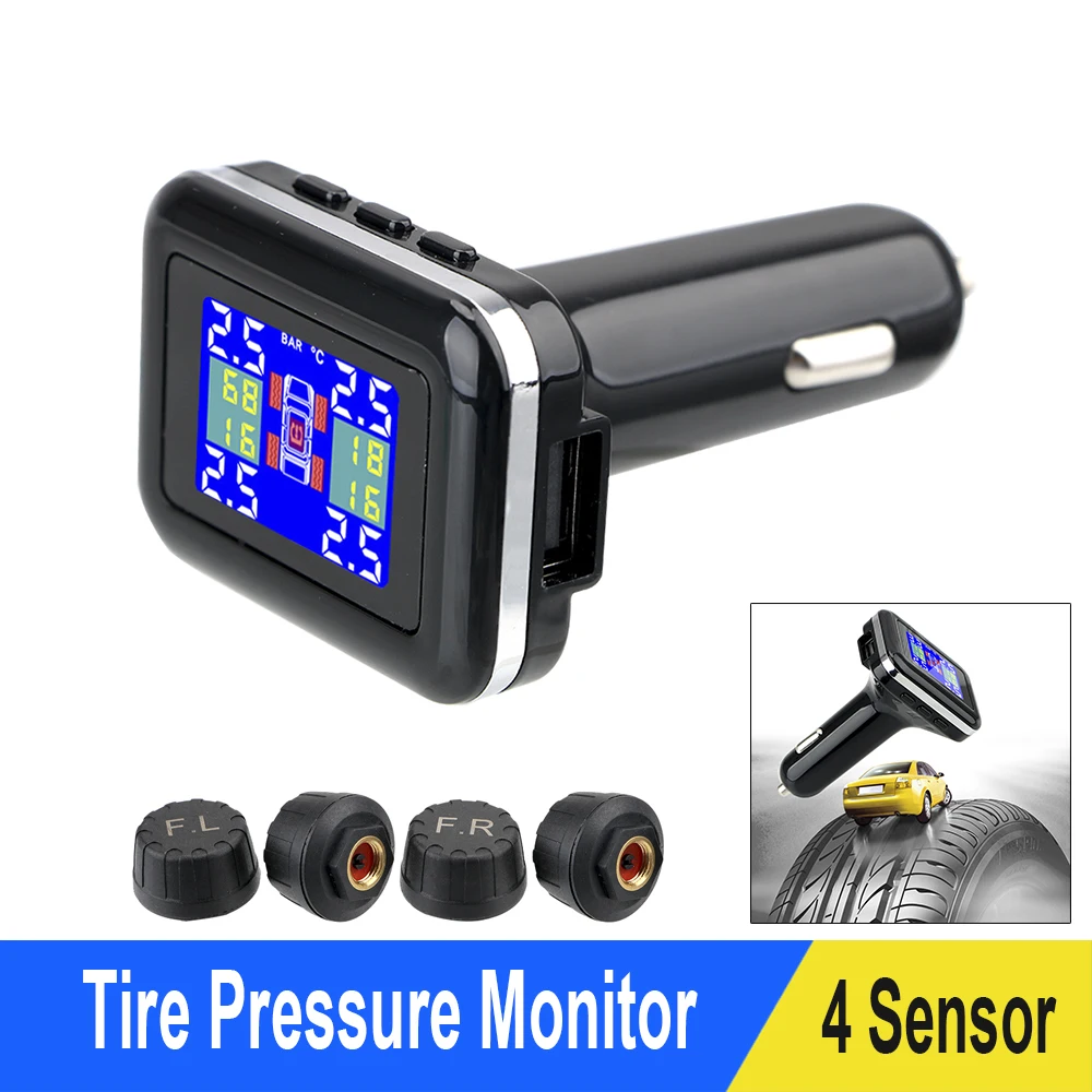 TPMS Car Tire Pressure Monitoring System With 4 External Sensors Cigarette Lighter Plug LCD Display Temperature Alarm
TPMS Car Tire Pressure Monitoring System With 4 External Sensors Cigarette Lighter Plug LCD Display Temperature Alarm