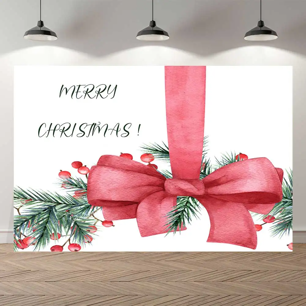 

NeoBack Merry Christmas Snow Pine Cones Watercolor Gift Christmas Tree Red Bow Party Banner Backdrop Photography Background