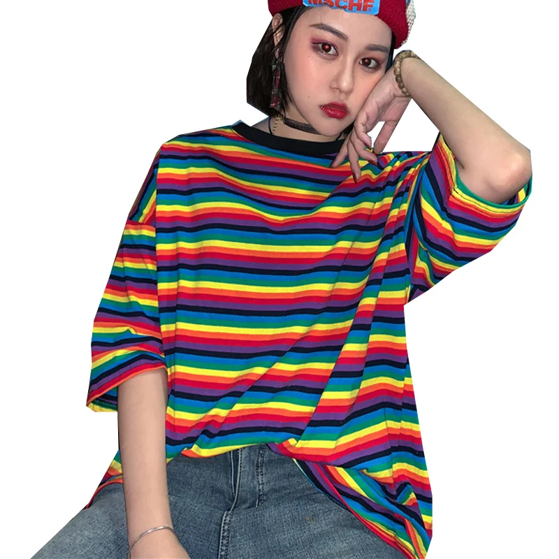 Summer Rainbow Striped Women T Shirt O-neck Short Sleeve Ladies Tee Tops Fashion Casual Female Tshirt Oversize Women's T-shirts
Summer Rainbow Striped Women T Shirt O-neck Short Sleeve Ladies Tee Tops Fashion Casual Female Tshirt Oversize Women's T-shirts