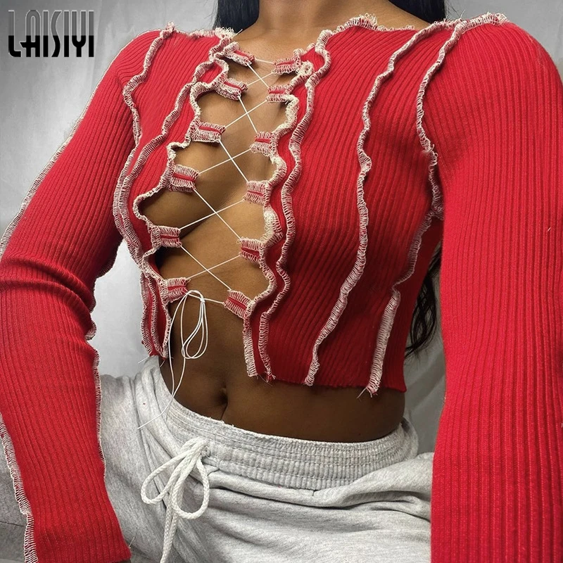 LAISIYI Patchwork Lace Up Long Sleeve Crop Tops Women Ribbed Sexy Party Knitwear T-Shirt Hollow Out Bodycon Club Tie Front Top
LAISIYI Patchwork Lace Up Long Sleeve Crop Tops Women Ribbed Sexy Party Knitwear T-Shirt Hollow Out Bodycon Club Tie Front Top