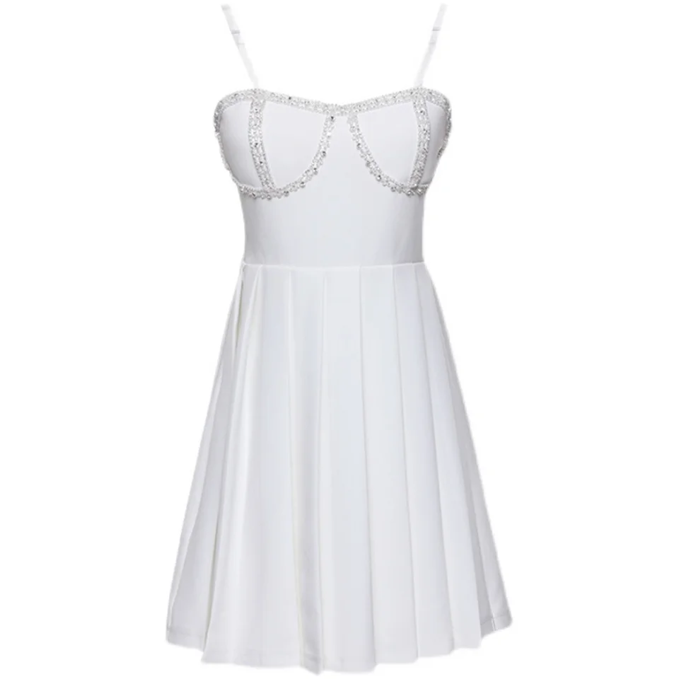Summer Sexy Spaghetti Strap Pleated Dress Women Fashion Casual Beading Beach Holiday A-Line Dress Vestidos Slim Party Dresses 
Summer Sexy Spaghetti Strap Pleated Dress Women Fashion Casual Beading Beach Holiday A-Line Dress Vestidos Slim Party Dresses