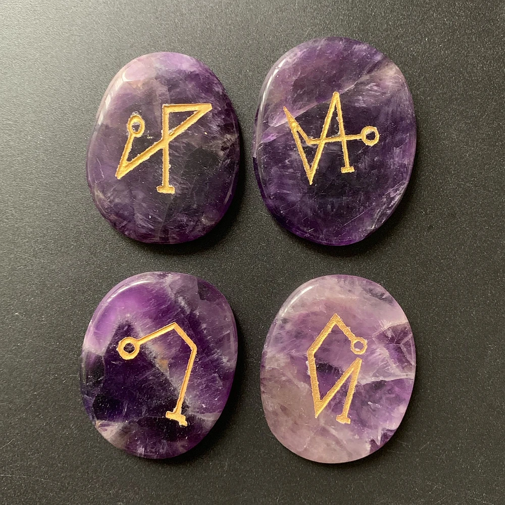 

Natural Purple Amethyst Palm Stones Archangel Symbols Uriel Michael Raphael Gabriel Healing Crystals Purple Quartz Palmstone