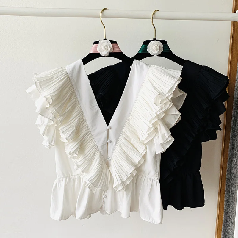 Sweet Style Ruffles Women White Shirts Summer New Design 2021 V-Neck Rufflse Sleeved Slim Short Elegant Female Outwear Tops
Sweet Style Ruffles Women White Shirts Summer New Design 2021 V-Neck Rufflse Sleeved Slim Short Elegant Female Outwear Tops