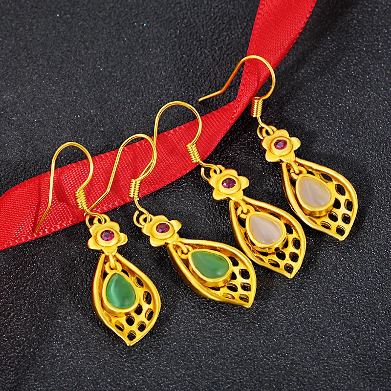 Sand Gold Earrings for Women Inlaid Imitated Natural Hetian Sapphire 24K Gold Plated Colour Earrings Bride Wedding Gift Jewelry
Sand Gold Earrings for Women Inlaid Imitated Natural Hetian Sapphire 24K Gold Plated Colour Earrings Bride Wedding Gift Jewelry