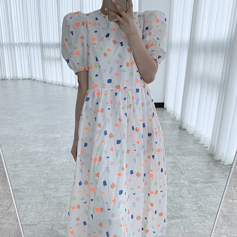 Round Dress Pattern Neck Geometric South Puff Printing Chic Korea Age-reducing Sleeve Swing-shaped Large Women Loose Long Sweet 
Round Dress Pattern Neck Geometric South Puff Printing Chic Korea Age-reducing Sleeve Swing-shaped Large Women Loose Long Sweet