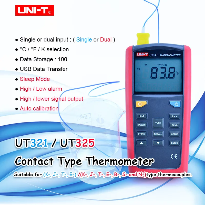 

UNI-T Pyrometer Contact Type Thermometer UT325 UT321 Industrial Temperature Meter 2CH Data Logging Test K/J/T/E/R/S/N