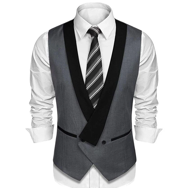

Двубортный Приталенный жилет для мужчин, костюм, цельный жилет на заказ с черной шалью и лацканами, серый джентльменский свадебный смокинг, ...