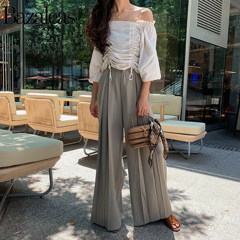 Bazaleas винтажная блуза с двойным шнурком женская расклешенными рукавами blusa feminina