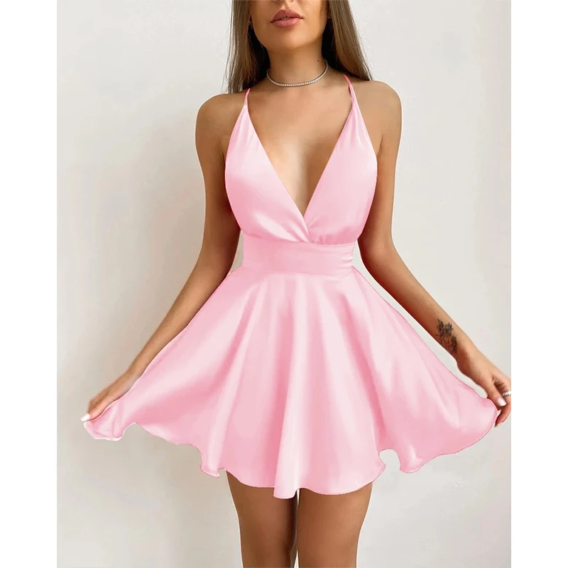 Women Elegant bow Spaghetti Strap V-Neck Cocktail mini Party sexy Dress women clothes Solid Ruched Plunge Pep Hem Skater Dress
Women Elegant bow Spaghetti Strap V-Neck Cocktail mini Party sexy Dress women clothes Solid Ruched Plunge Pep Hem Skater Dress