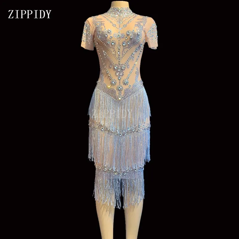 Shining Rhinestones Fringes Dress Lady Prom Evening Outfit Singer Dancer See Through Mesh Dress Birthday Tassel Net Dress
Shining Rhinestones Fringes Dress Lady Prom Evening Outfit Singer Dancer See Through Mesh Dress Birthday Tassel Net Dress