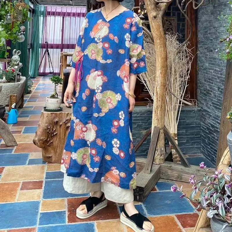 Johnature Ramie Women Vintage Print Thin Belt Dresses V-Neck Half Sleeve Chinese Style 2021 Summer New Loose Retro Dresses
Johnature Ramie Women Vintage Print Thin Belt Dresses V-Neck Half Sleeve Chinese Style 2021 Summer New Loose Retro Dresses