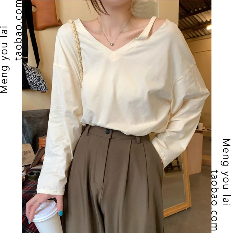 Autumn Super Popular Off-the-shoulder Long Sleeve T-shirt Women's Design Sense V-neck Top Loose Slimming Inner Rac
Autumn Super Popular Off-the-shoulder Long Sleeve T-shirt Women's Design Sense V-neck Top Loose Slimming Inner Rac