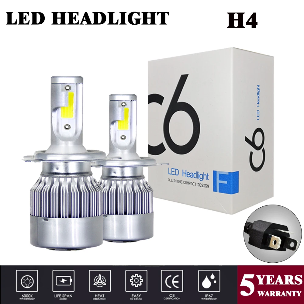 H4 1 пара HB2 9003 C6 комплект автомобильных светодиодных фар Led H4/HB2/9003 COB 6000K 36W 8000LM Hi & Lo